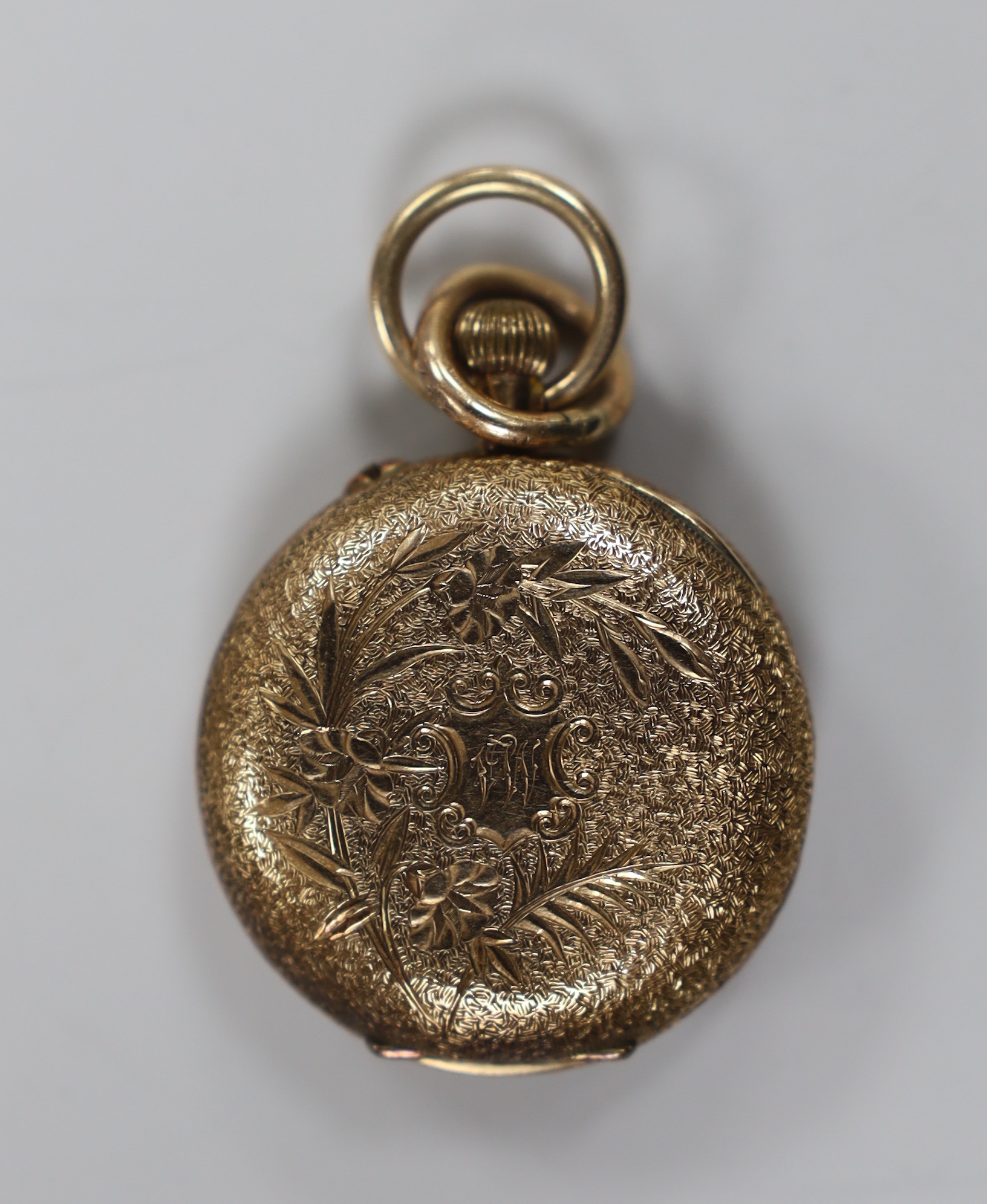 An early 20th century continental engraved 14k fob watch, with Roman dial, case diameter 29mm, gross weight 23.1 grams.